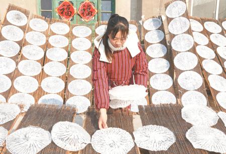 　　1月8日，邢台市广宗县刘南苏村村民在收晒干的绿豆粉皮。
　　近年来，河北省邢台市广宗县按照民间传统手工工艺做法，将绿豆深加工成绿色农产品，让传统农产品增值，助力农民增收。                            新华社发（张驰 摄）
